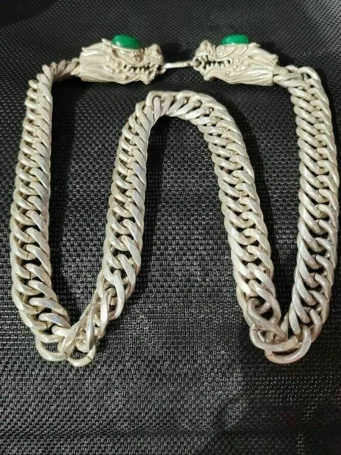 

China old Tibet silver carving chain inlaid green jade double dragon necklace