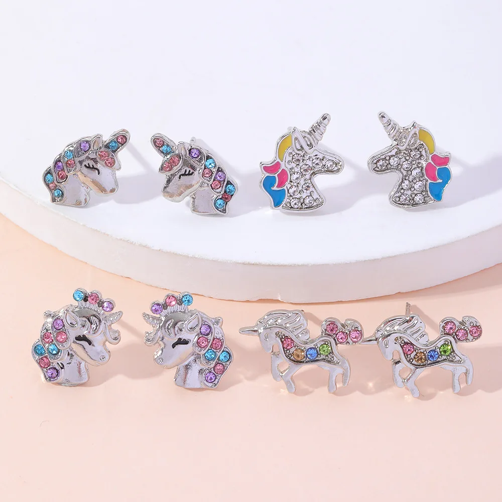

Heart Small Studs Children Earrings for Girls Unicorn Rainbow Cat Cute Animals Crystals Girls Earring