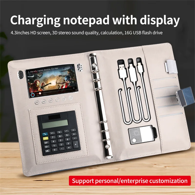 2021 Wireless Charger Advertising LED Media MP4 Video Players Display Fringer Print Lock Diary Planner Notebook With Power Bank