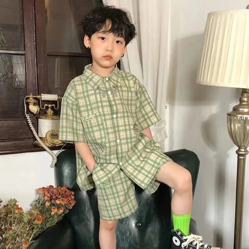 

2022 Youth New Summer Baby Boy Korean Japanese Suit Fashion Kid Boys All-match Green Plaid Short-sleeved Shirt + Shorts 2pcs Set