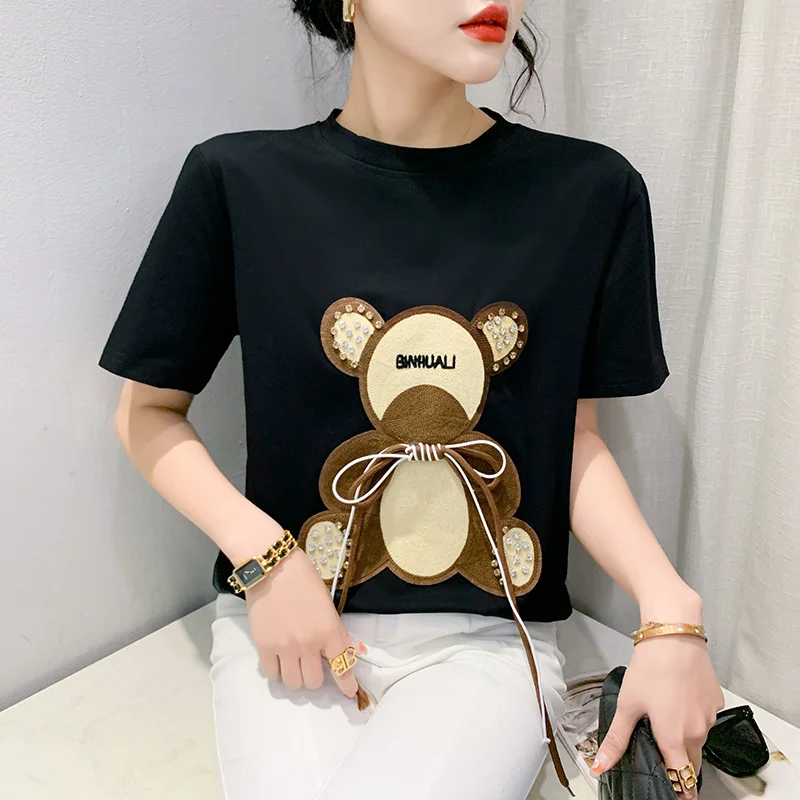 

#6274 Black White Short Sleeve T Shirt Women Stretch Cotton Patchwork Bear Cute Diamonds Streetwear Tee Harajuku Women's T-shirt