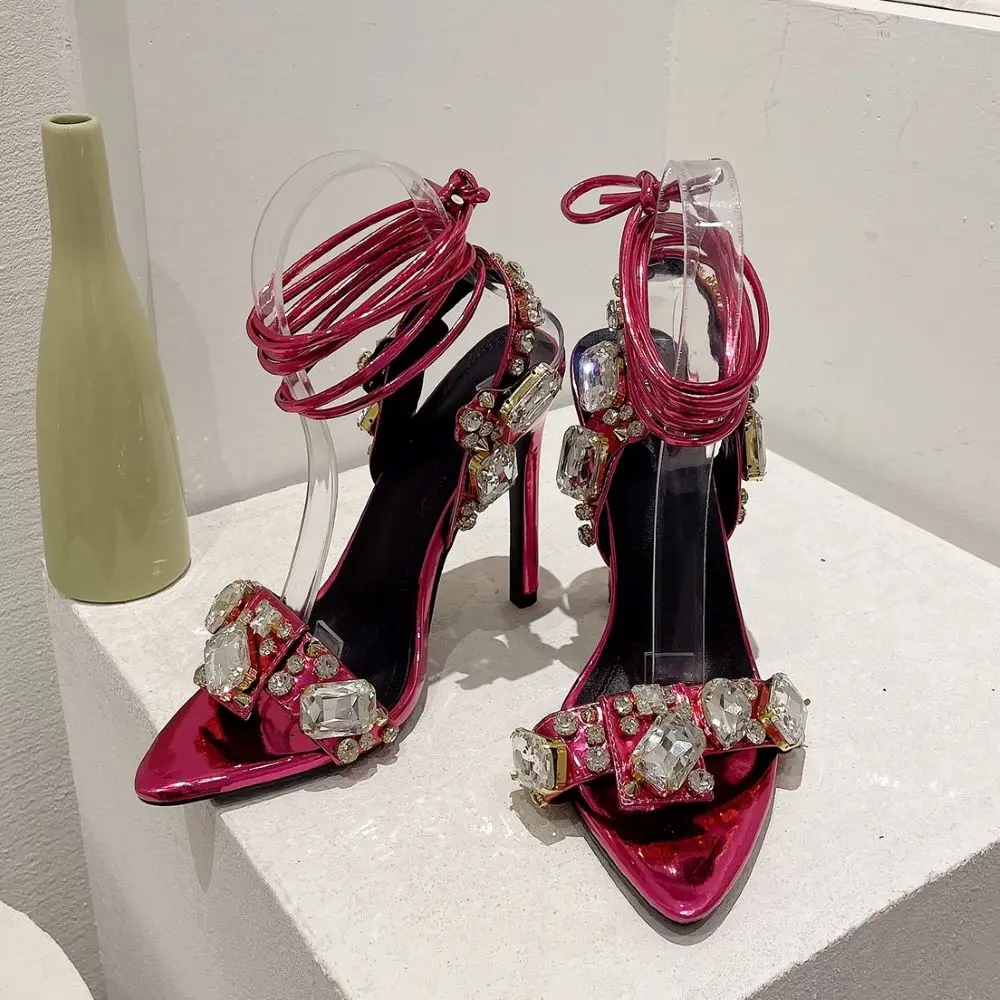 Xibeilove 2023 Summer Women's Sexy Luxury Pointed Rhinestone Strap Green Sandals Party Club High Heels Wedding Bridal Shoes