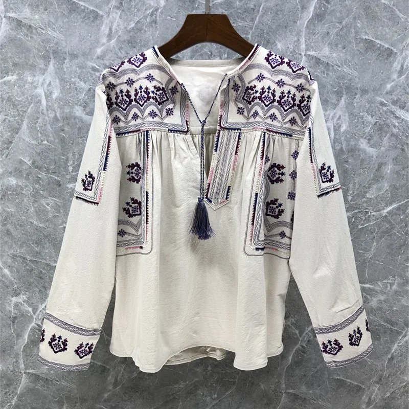 100%Cotton Blouse Shirts 2022 Spring Summer Fashion Beige Dark Blue Blouses Women Exquisite Embroidery Long Sleeve Loose Tops
