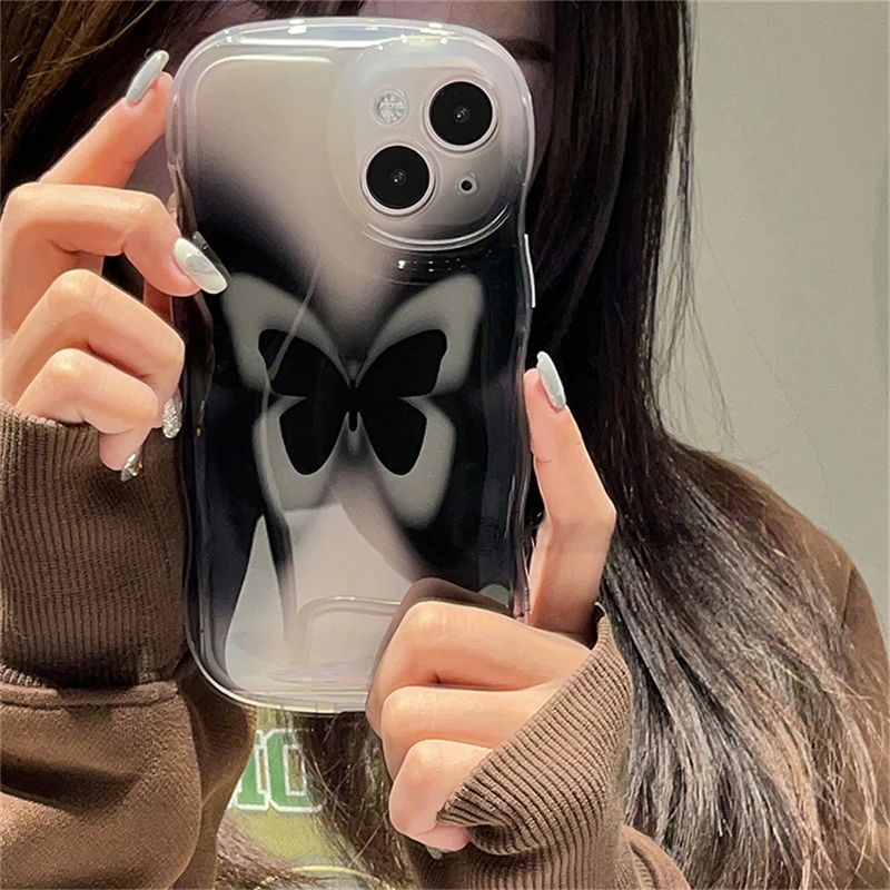 

Korean Aesthetic Gradient Butterfly Clear Phone Case For iPhone 14 13 12 11 Pro Max 14Plus Wave Edge Shockproof Soft Cover Funda
