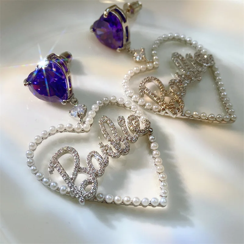 

Vintage Earring For Women 2022 Purple Heart Aor With Pearl Letter Pendant Charm Lady Luxury Gift Aretes Korean Fashion Jewelry