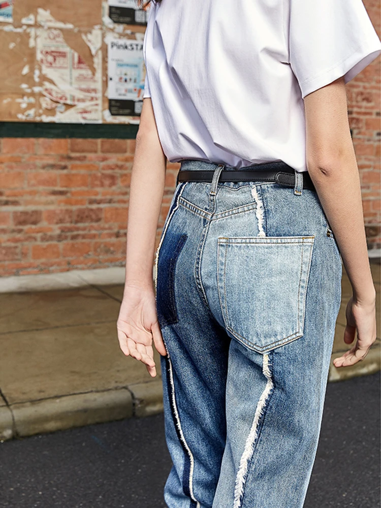 [EAM] женские джинсы с высокой талией и контрастной строчкой синие стильные брюки