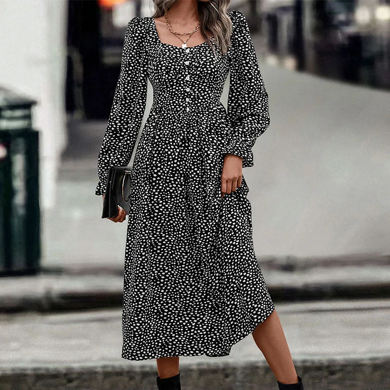 

Autumn new product foreign trade fashion women's French square collar ruffle sleeve floral dress for women