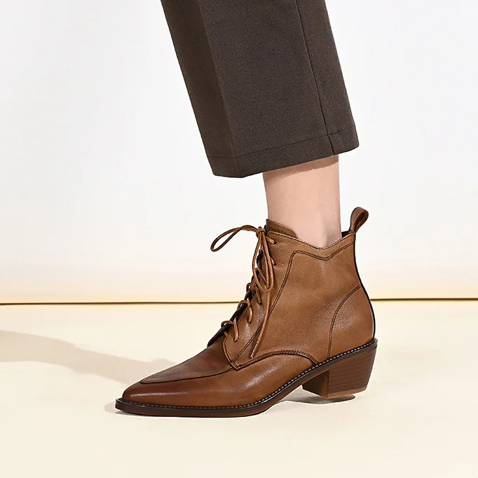 

New Winter Pointed Toe Women Boots Chunky Heel Women Shoes Short Boots Retro Western Boots Ankle Boots Leather Womens Boots