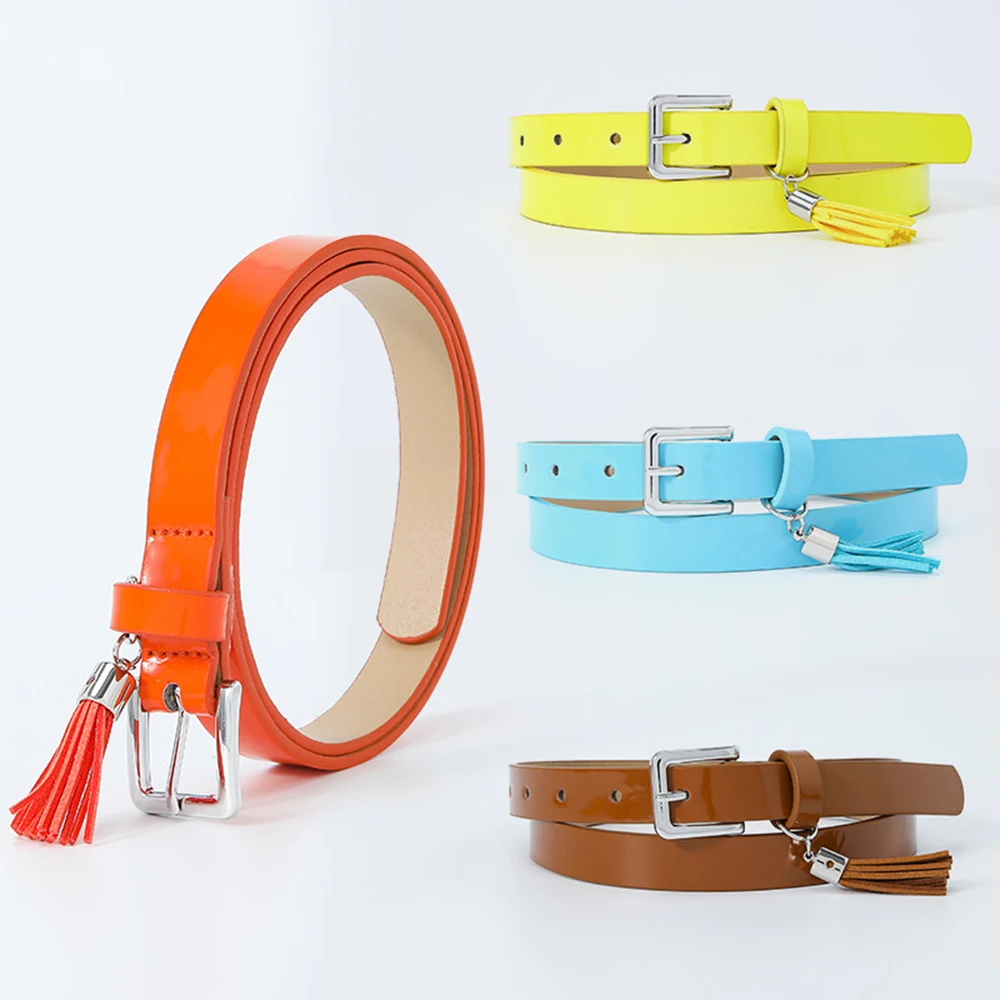 

New Patent Leather Belts for Women Metal square Pin Buckle Waist Strap Candy Color Tassel Dress Jeans Waistbands Ladies Belt