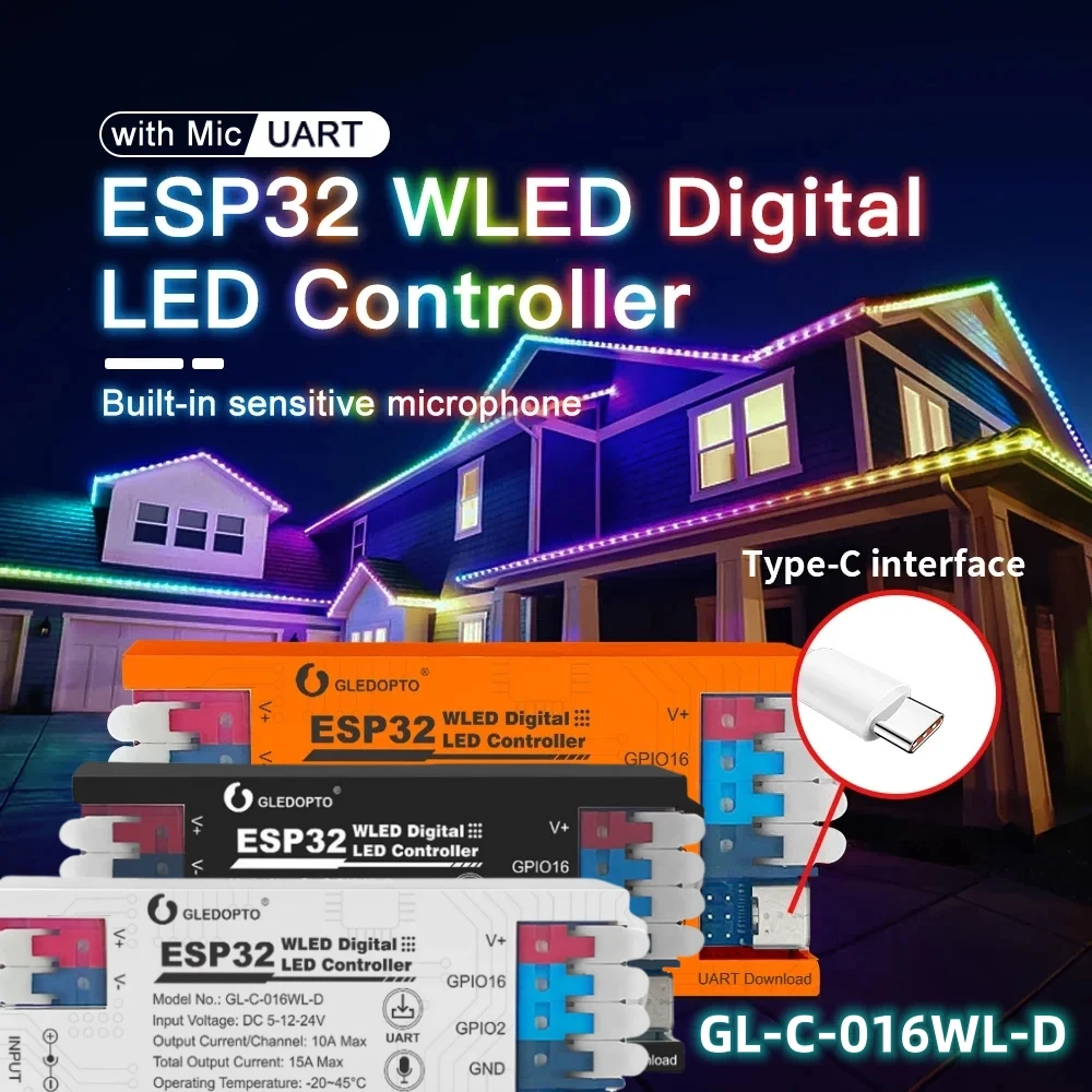 Фото Светодиодный контроллер GLEDOPTO ESP32 WLED постоянного тока 5–24 В GL-C-016WL-D с поддержкой WS2811, SK6812, SM16703P, WS2812 №1