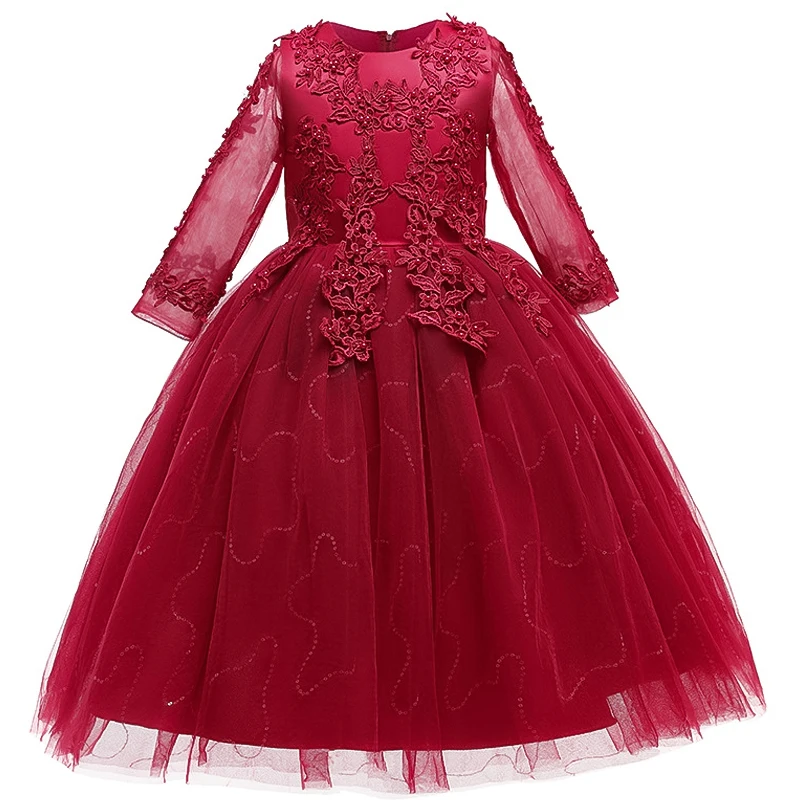 

2021 flower girl dress female baby elegant embroidery flower sequined mesh long-sleeved wedding dress girl fluffy mesh skirt