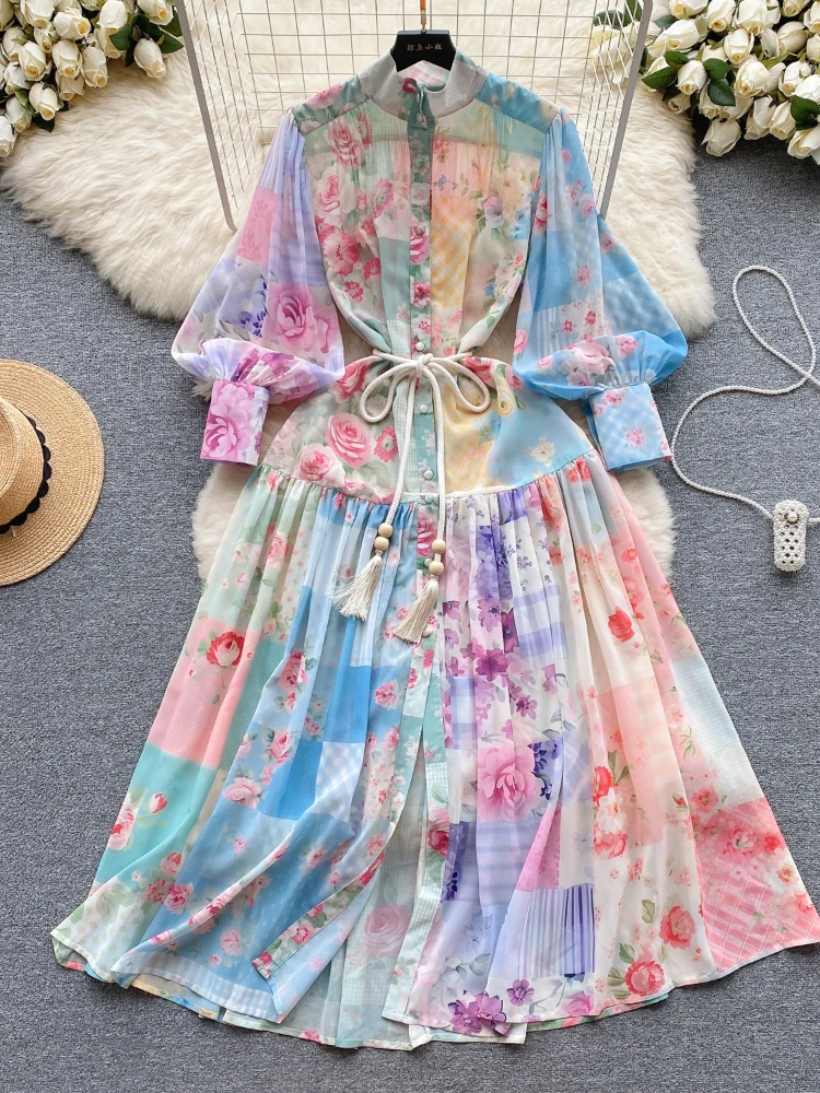 Женское винтажное длинное платье элегантное шифоновое на пуговицах с