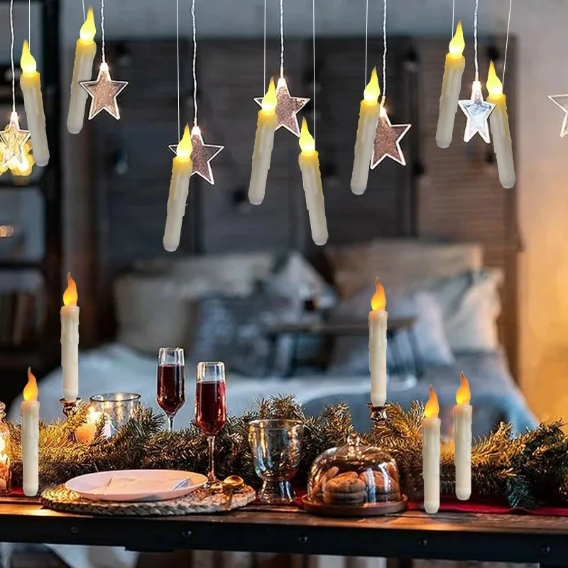 

12pcs Horror Halloween Remote LED Candles Electronic Flameless Hanging Floating Taper Yellow Warm White Candle Bedroom Decor