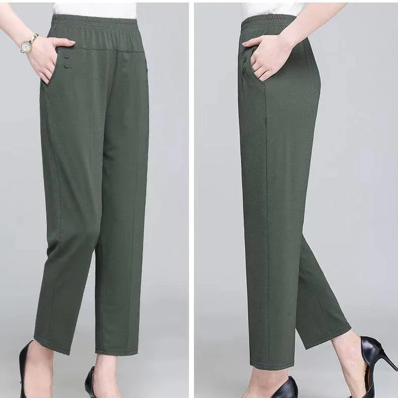 

Middle Aged Old Women Spring Summer Pants Thin Elastic Waist Loose Cotton Mother Pants Casual Female Trousers Large Size