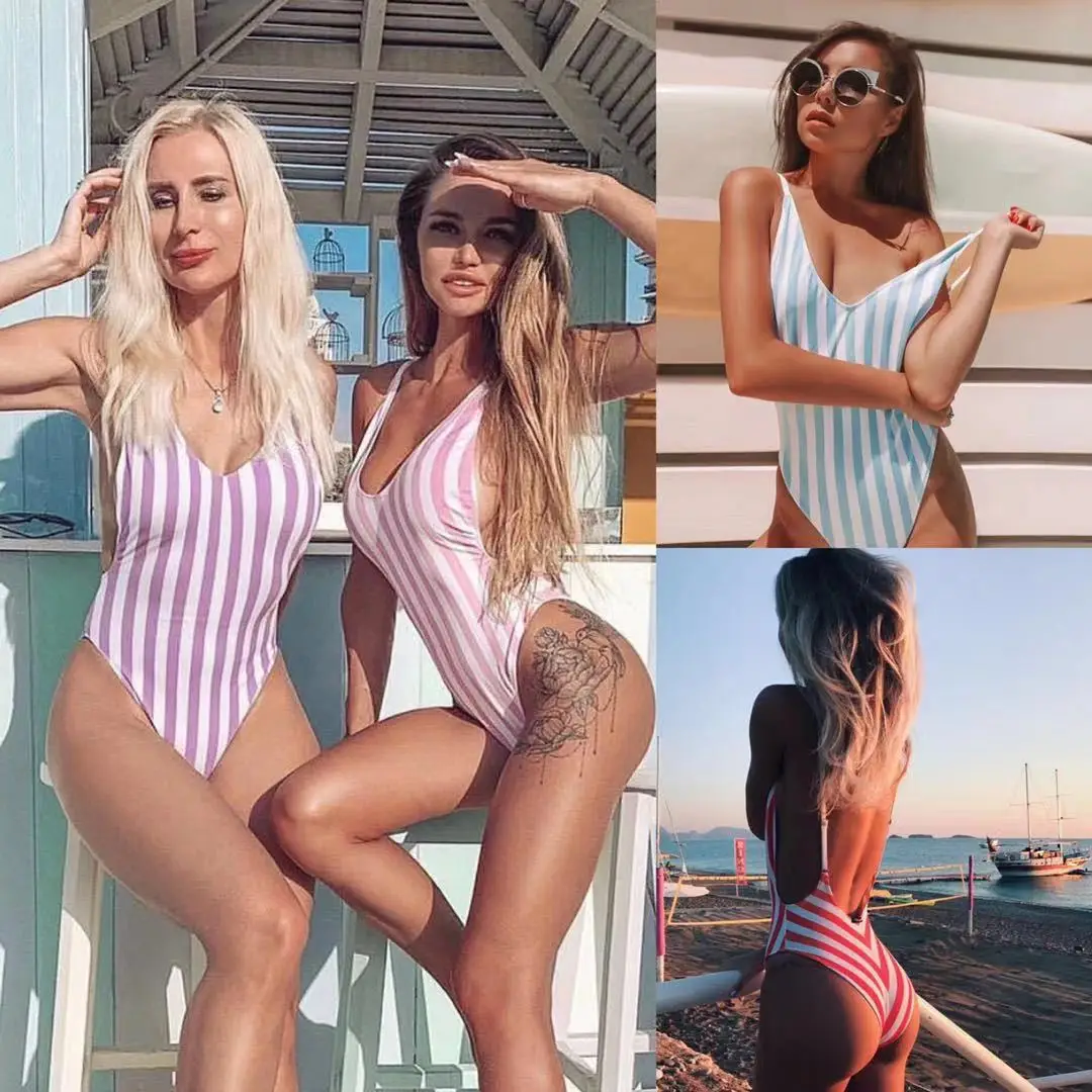 

New Sexy Backless Striped Women Swimwear One Piece Swimsuit Female monokini High cut Trikini V Neck Bathing Suit Swim Bodysuit