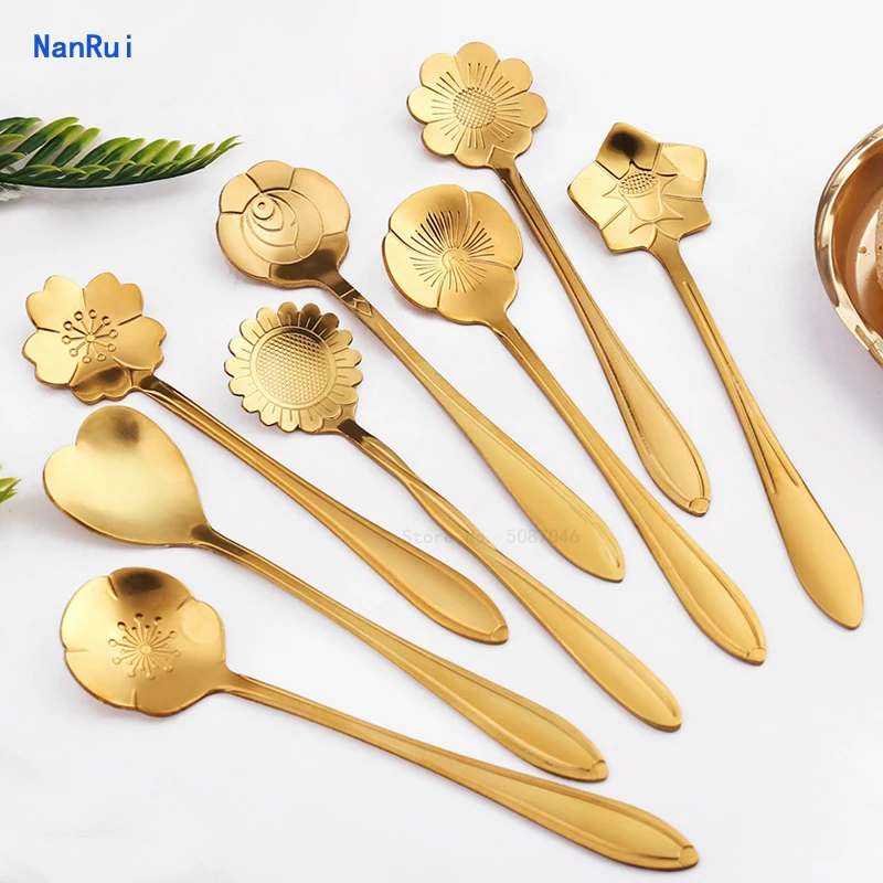 8Pcs Flower Spoon Set Small Teaspoon Cute Dessert Spoon Silver Gold Stainless Steel Tableware Coffee Accessories For Kitchen Bar