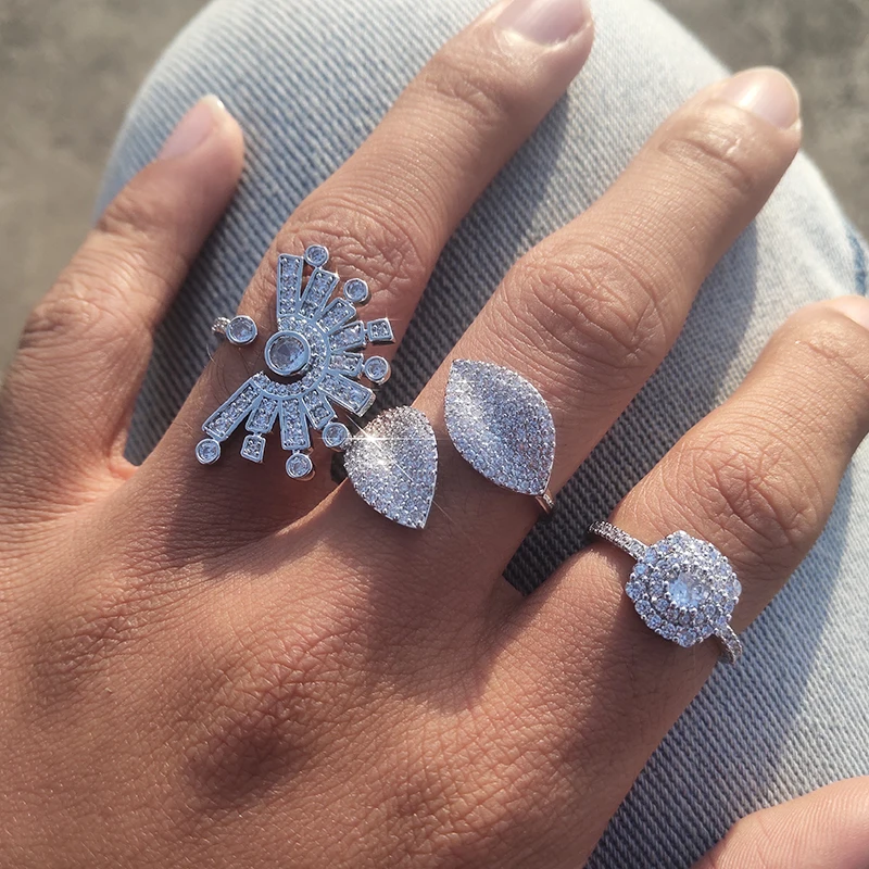 

Exquisite Shiny Leaf Shape Cubic Zircon Adjustable Ring for Women Silver Color CZ Crystal Bague Gift Jewelry Party Wholesale