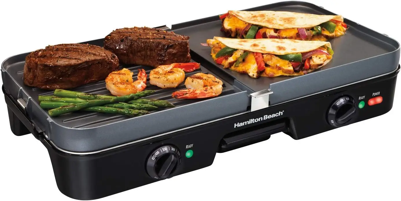 

Indoor Grill + Griddle, 8-Serving, Reversible Nonstick Plates, 2 Cooking Zones with Adjustable Temperature (38546), Black