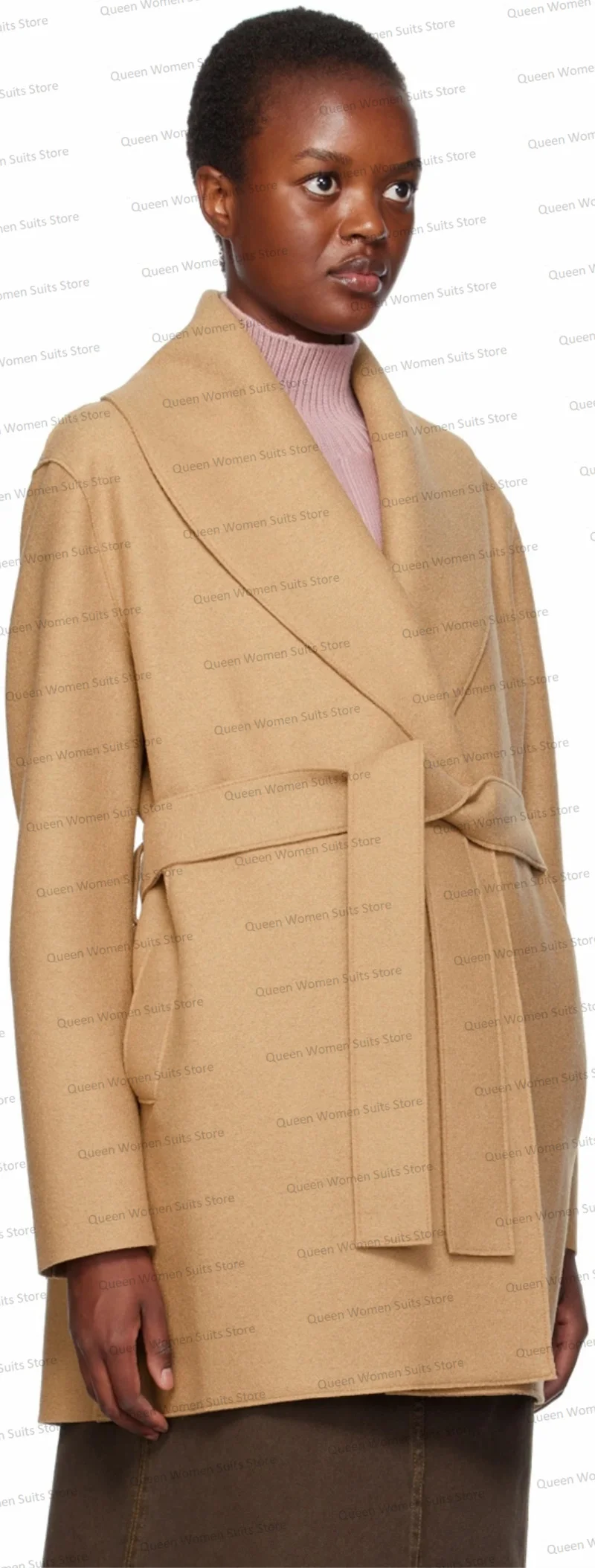 Верблюжьи Короткие шерстяные пальто женский костюм Блейзер куртка с поясом