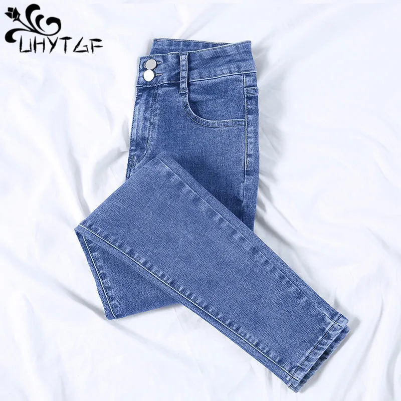 UHYTGF Spring And Autumn Denim Female Small Foot Pencil Pants High Waist Tight Retro New Women's Jeans 09