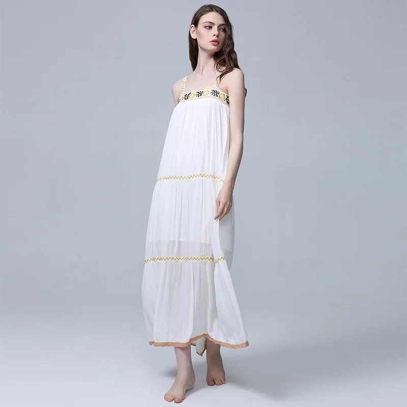 

Летнее пляжное платье-макси в богемном стиле, элегантное сексуальное платье с вышивкой и ремнем в виде цветка для отдыха