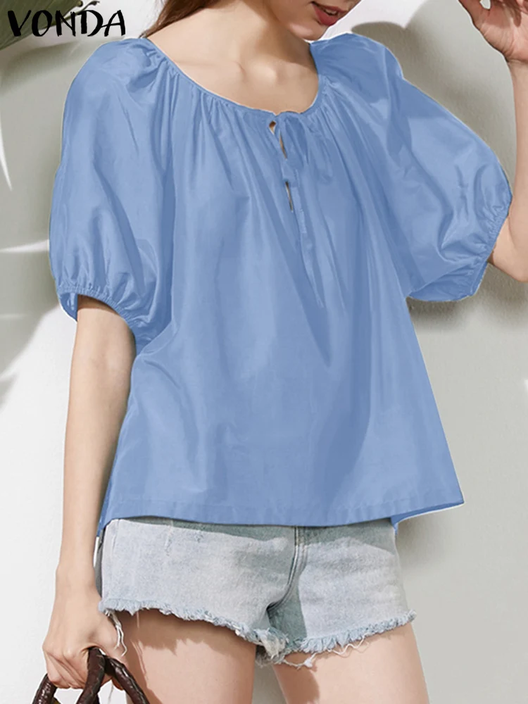 

2023 Summer VONDA Women Blouse Elegant Tops Sexy O-Neck Short Sleeve Fashion Casual Solid Color Shirt Bandage Loose Blusas Femme
