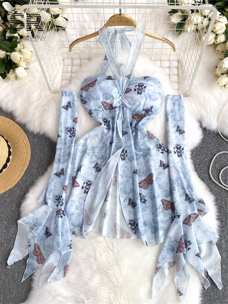 Летнее платье SINGREINY с принтом бабочек и открытой спиной женские сетчатые модные