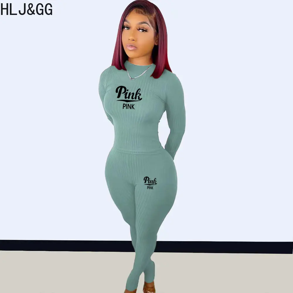 

HLJ&GG Fall Winter Rib PINK Letter Print Two Piece Sets Women Outfits Casual Round Neck Long Sleeve Top+Legging Pants Tracksuits
