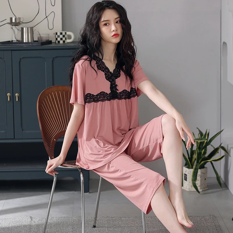 

womens pajamas set modal tracksuit for women fashion solid color short sleeve pijamas mujer lace v-neck sleepwear pyjamas femme