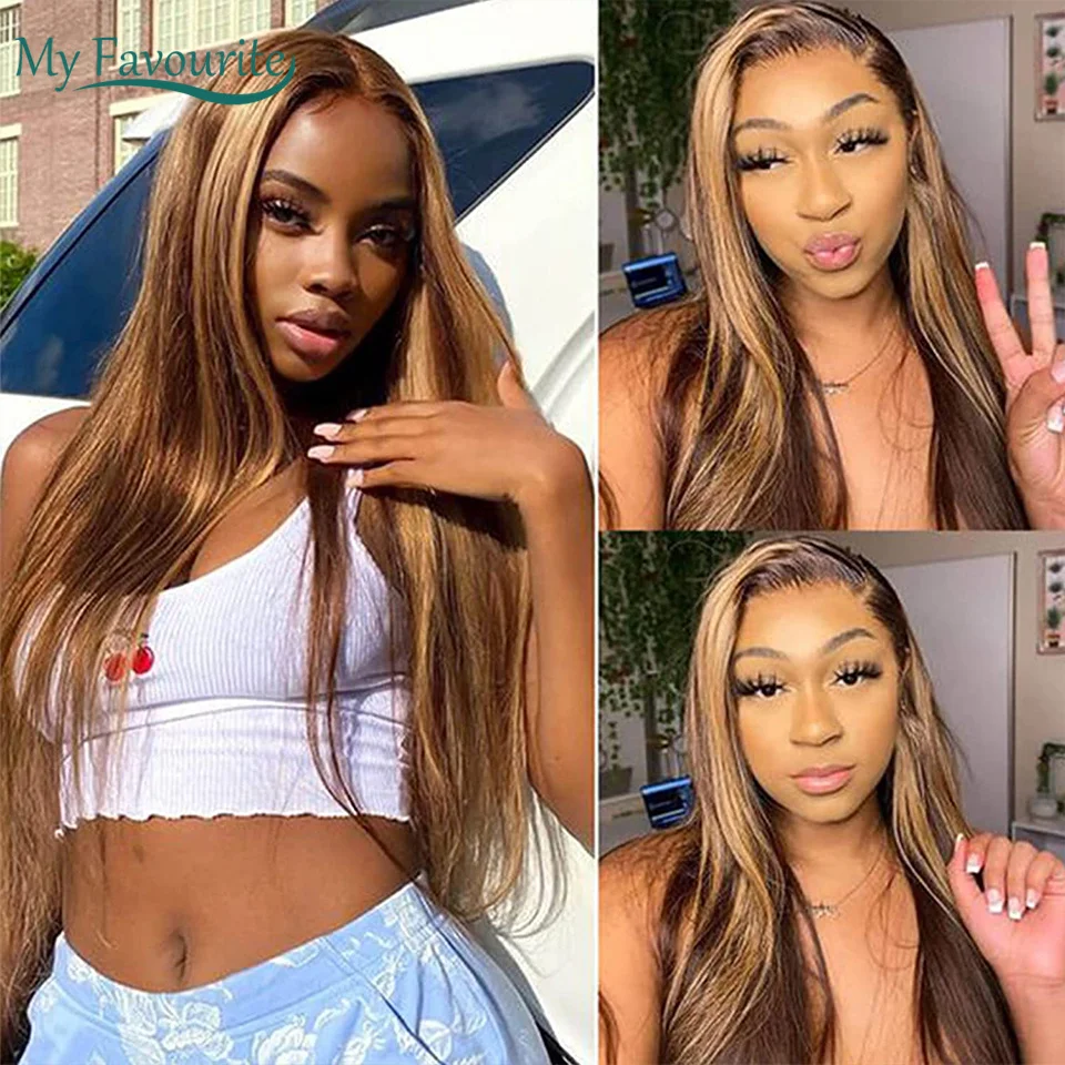 Highlight Lace Front Wig Human Hair Straight 13X4 4/27 HD Lace 32 Inch Ombre Honey Blonde Lace Front Wig  For Black Women