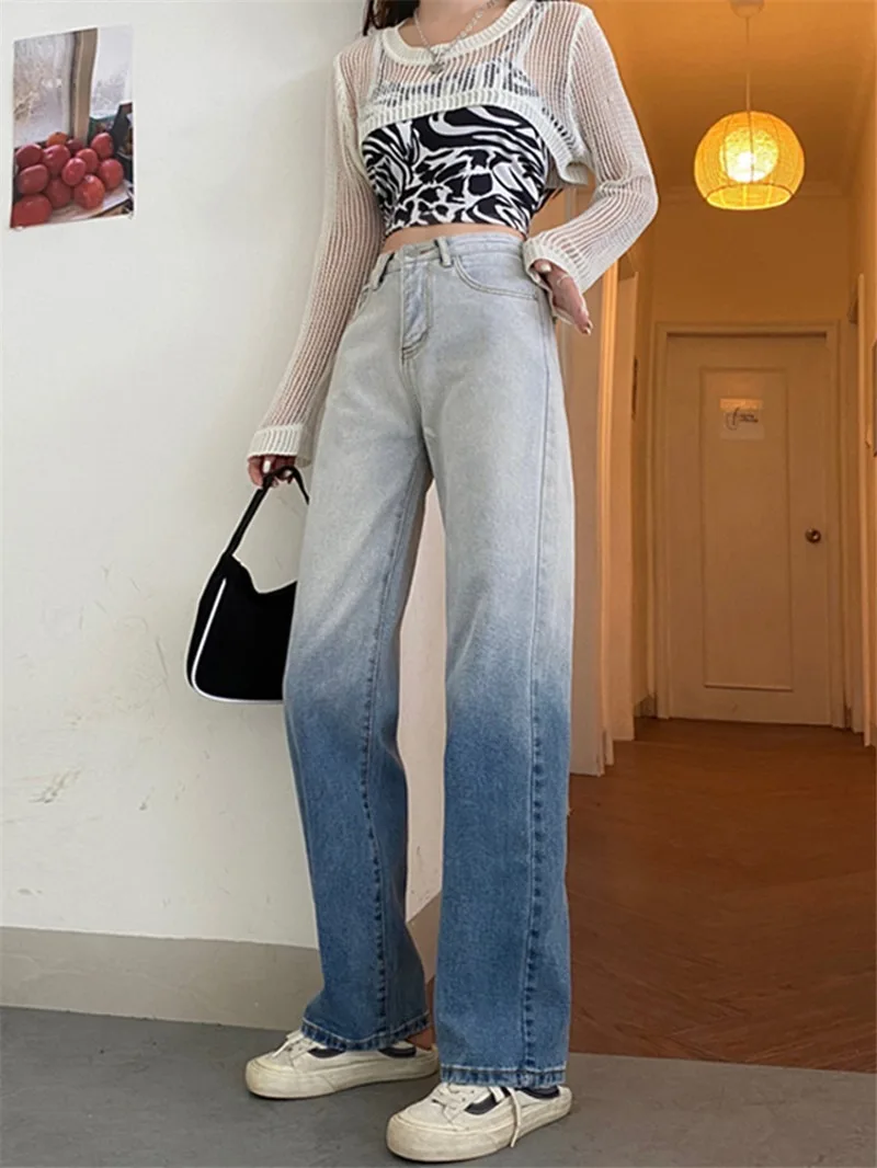 Fall 2021 Y2k New Women's Gradient Jeans Loose Straight Trousers All-match Pants Mopping Pants Korean High Waist Wide Leg Jeans