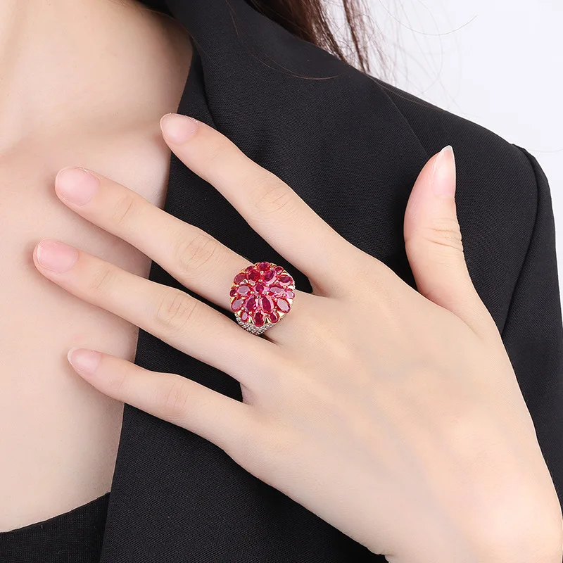 

Pigeon Blood Red Palace Style Flower Ring European And American Retro Blue Pointed Crystal Zircon Ring Red Corundum Colored Gems