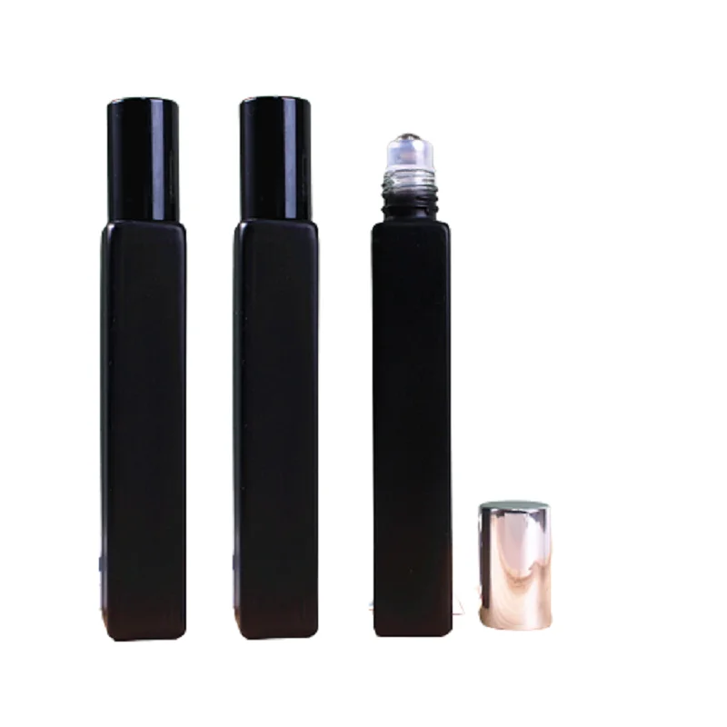 10ml Empty Glass Roll On Refillable Bottle Steel Roller Black/Silver Lid Matte Black Square Perfume Sample Packaging Vials 30pcs