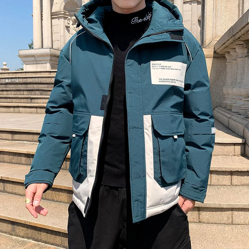 Men's Fashion Stitching Colorblock Hooded Jacket Tide Brand Thick Cotton Warm Jacket Winter Clothes Mens Jackets and Coats