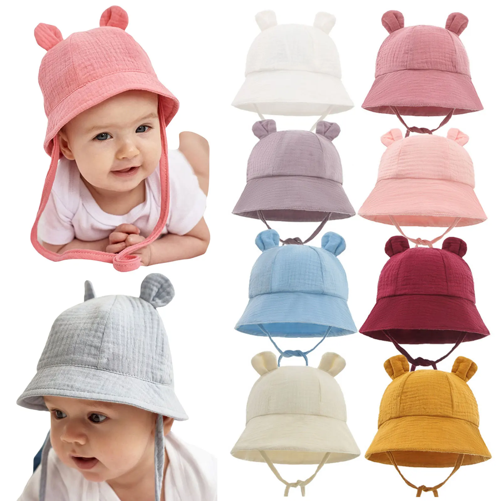 

Baby Bucket Hat Solid Color Fisherman Cap Summer Ear Decors Cute Hat Adjustable Sun-Resistant Bucket Hat for 3-12Months