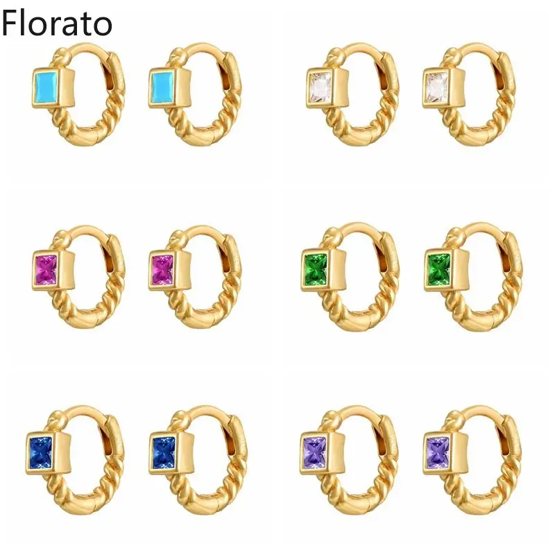 

925 Sterling Silver Ear Needle 8-Color Square Zircon Hoop Earrings Gold Earrings for women CZ Twist Wreath Fashion Jewelry Gifts