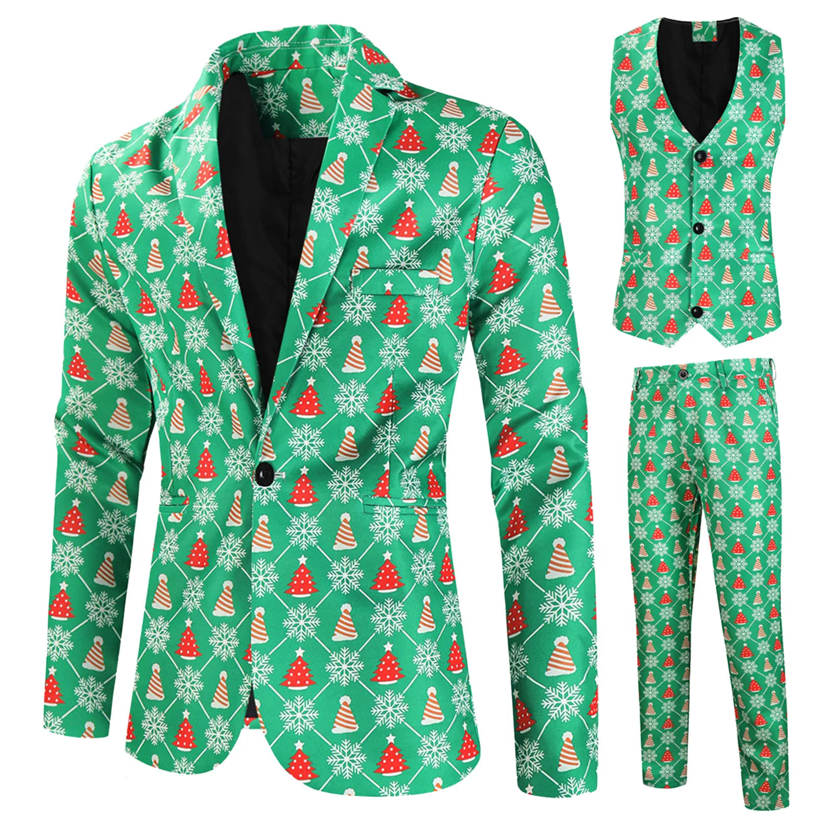 

Mens Fashion Casual Suit Printed Christmas Jacket Pants Vest Three Set Of Men Suits Sets Tuxedo 68