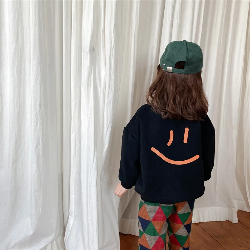 

Winter Unisex Autumn Children Inner Fleece Loose Sweatshirts Boys and Girls Fashion Smile Thicken Warm Tops