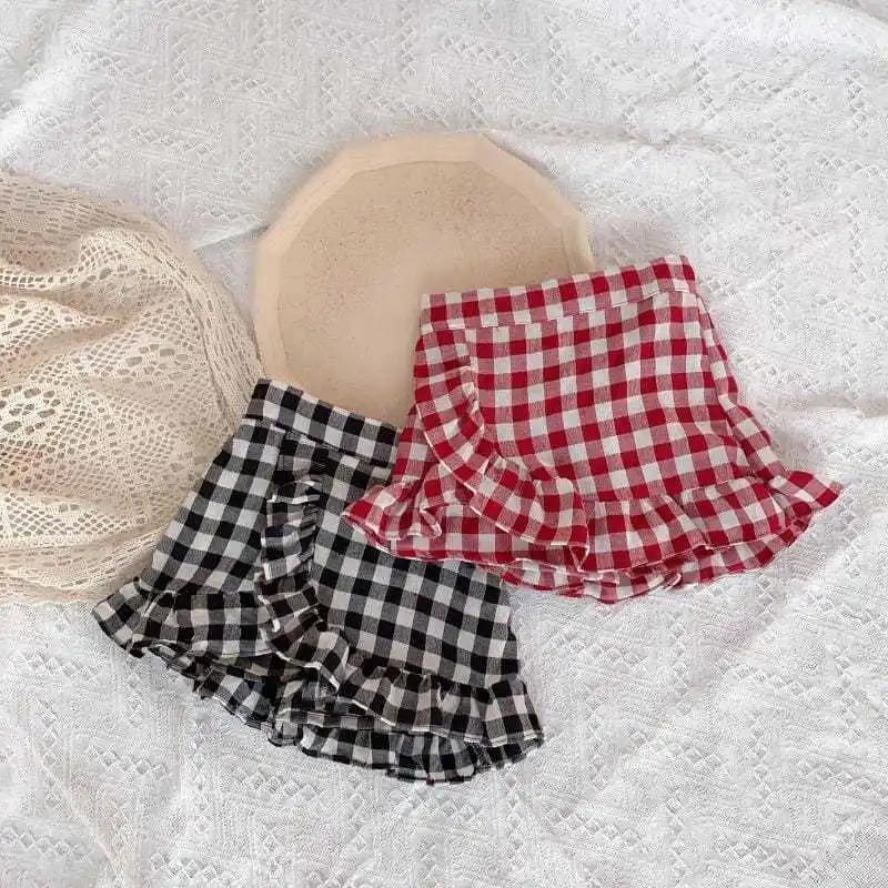 

Kids Girls Plaid Skirts Black White Summer Skirts 2023 New Summer Ruffle Skirts Red Children Princess Casual Skirts For 2-6Y