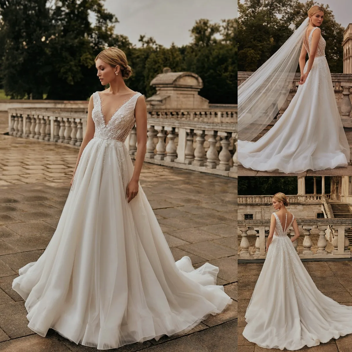 

Elegant A Line Wedding Dresses Sheer Jewel Neck With Beading Applique Custom Made For Bride Long Tulle Illusion Bridal Gown