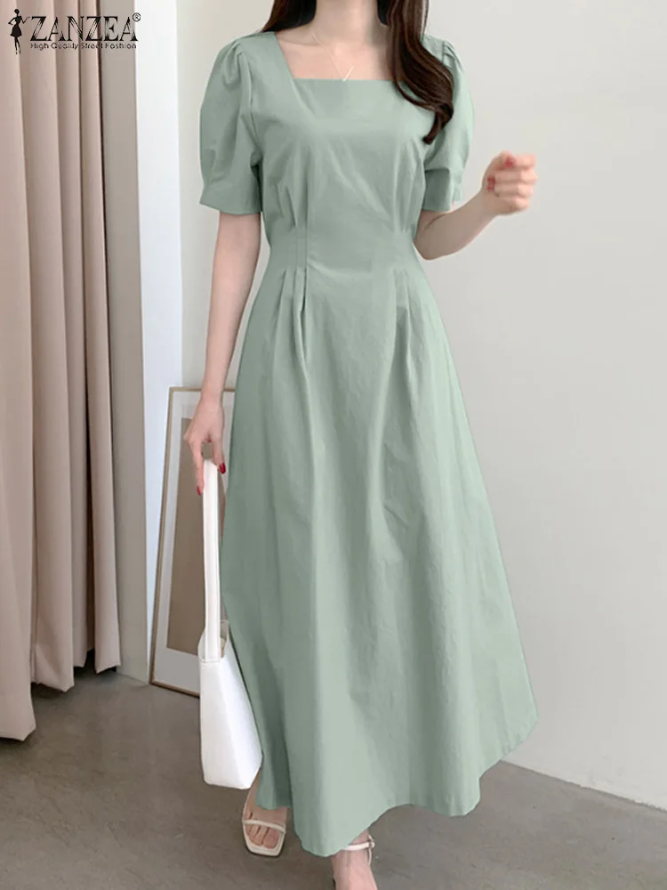 

Женский праздничный сарафан ZANZEA с коротким рукавом-фонариком и квадратным вырезом, летнее однотонное платье миди, модель 2022 года, женское п...