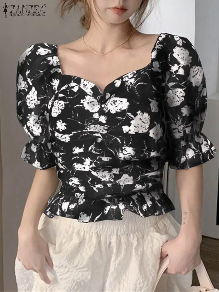 

ZANZEA Summer Bohemian Tunic Tops 2023 Fashion Shirt Square Collar Blouse Elegant Short Sleeve Floral Print Casual Loose Blusas