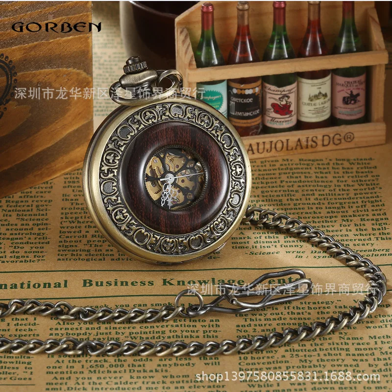 Luxury Wooden Ring Skeleton Pocket Watch Reloj Mujer Retro Roman Digital Manual Mechanical Pocket Watch Leisure Business Watch