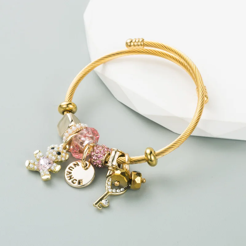 

Cute Pink Open Gold Alloy Bear Mixed Beads Adjustable Bracelet Pearl Rhinestone Letter Tag Women Cuff Bangle DIY Jewelry