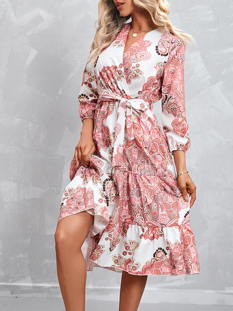

Elegant Women Printed Boho Long Dress Summer Loose V-Neck Ruffle A-Line Dress Lady Spring Casual 3/4 Sleeve Beach Dresses 2022