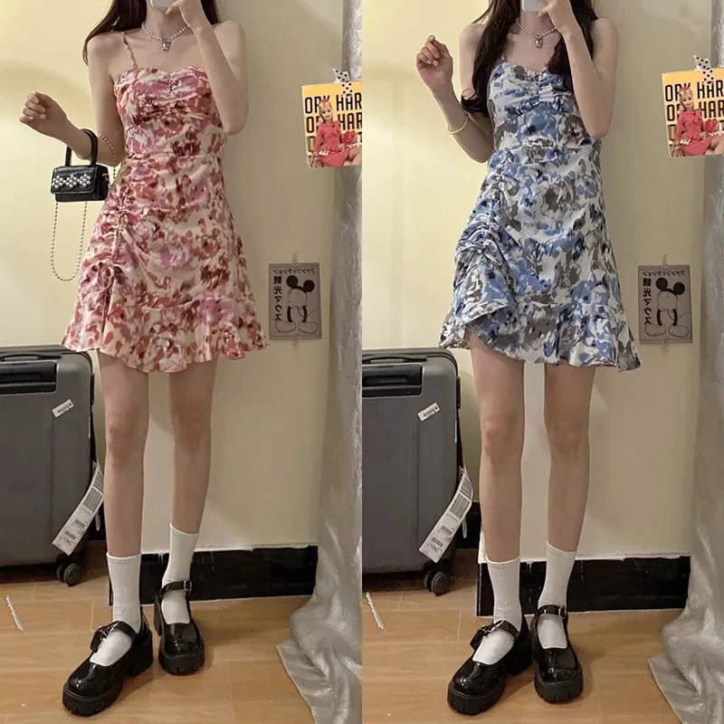 

Женское платье-макси с цветочным принтом, длинное платье до середины икры с открытыми плечами и разрезом сбоку, пикантное платье в Корейско...