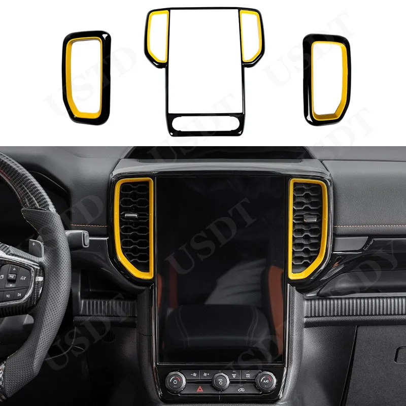 Фото Подходит для Ford Ranger T9 2024 2025 глянцевый черный желтый центральный контроль создатель вентиляционное отверстие декоративная рамка №1