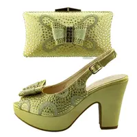 Bling Bling Rhinestone Chunky Heels with Matching Clutch Purse Ladies Shoes and Handbag 6245-35 Italian Women Shoes and Bag Set