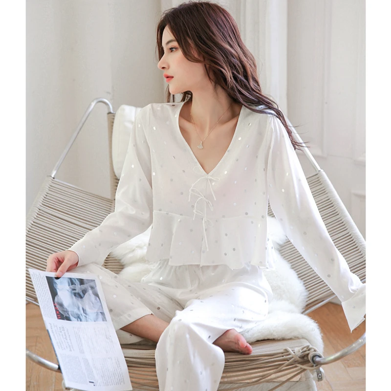 2023 New Products Pajamas for Women's Spring and Summer Silk Long-sleeved Polka Dot Printed Home Service Suit Casual Sleepwear