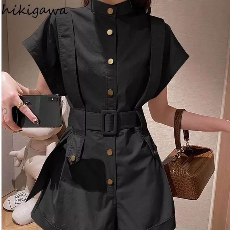 

Женская одежда, Модный комбинезон, комбинезон с высокой талией, Короткие широкие брюки с поясом, комбинезон, повседневный комбинезон в Коре...